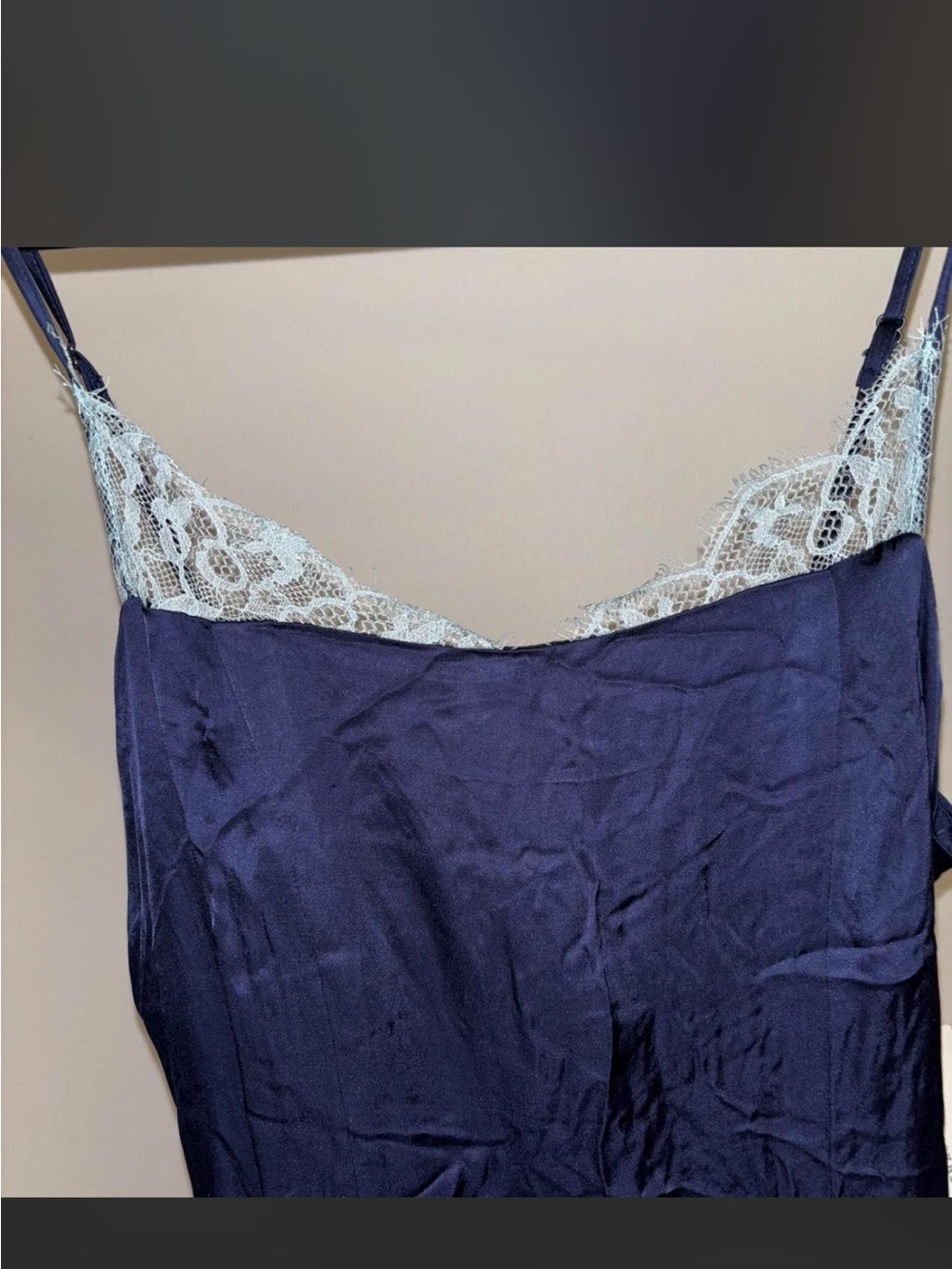 Anthropologie Navy Slip Dress with Light Blue Lace Trim
